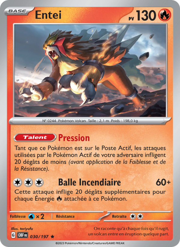 Entei 030 — Flammes Obsidiennes (French Pokémon TCG card)