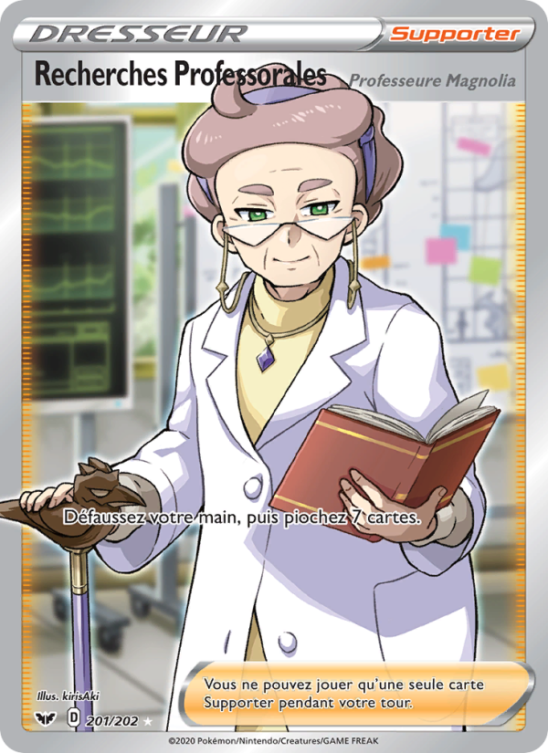 Recherches Professorales (Professeure Magnolia) 201 — Épée et Bouclier (French Pokémon TCG card)