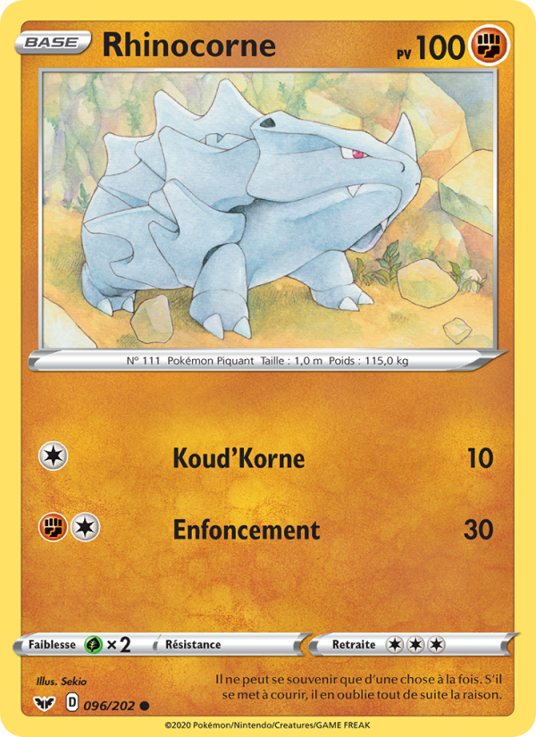 Rhinocorne 96 — Épée et Bouclier (French Pokémon TCG card)