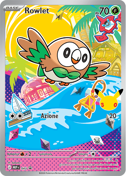 Rowlet 043 — Illustrazione Primi Compagni D’Avventura – Serie 1 (Italian Pokémon TCG card)