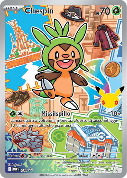 Chespin 058 — Illustrazione Primi Compagni D’Avventura – Serie 1 - 2 - 3 (Italian Pokémon TCG card)