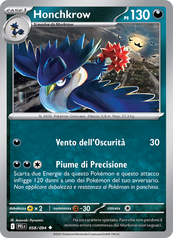 Honchkrow 058/130 — Fiamme Spettrali (Italian Pokémon TCG card)