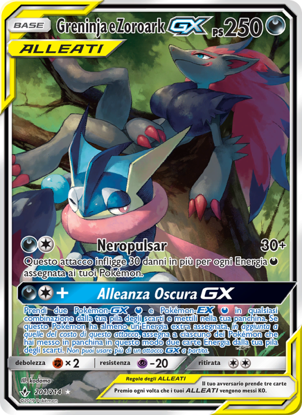 Greninja e Zoroark GX 201/234 — Legami Inossidabili (Italian Pokémon TCG card)