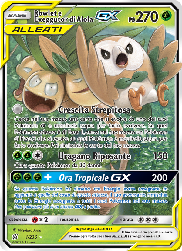 Rowlet e Exeggutor di Alola GX 001/258 — Unified Minds (Italian Pokémon TCG card)