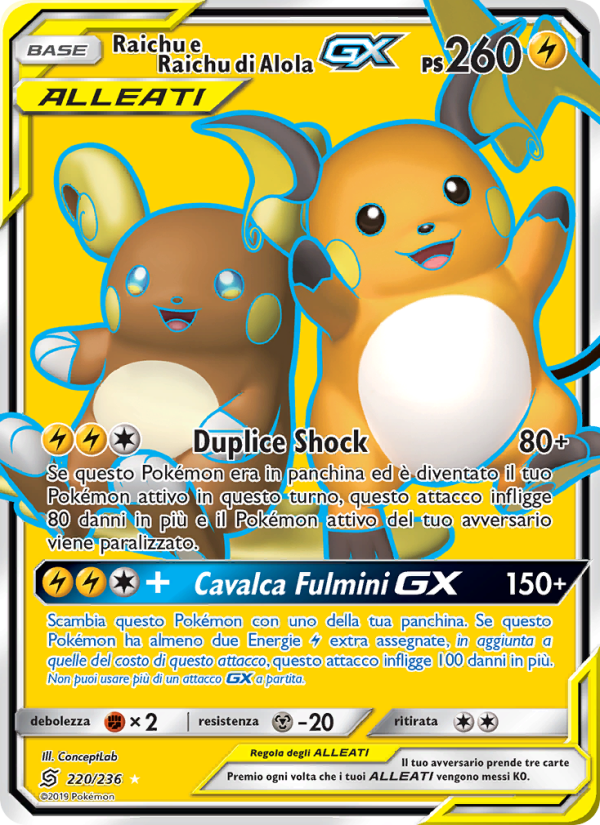 Raichu e Raichu di Alola GX 220/258 — Sintonia Mentale (Italian Pokémon TCG card)