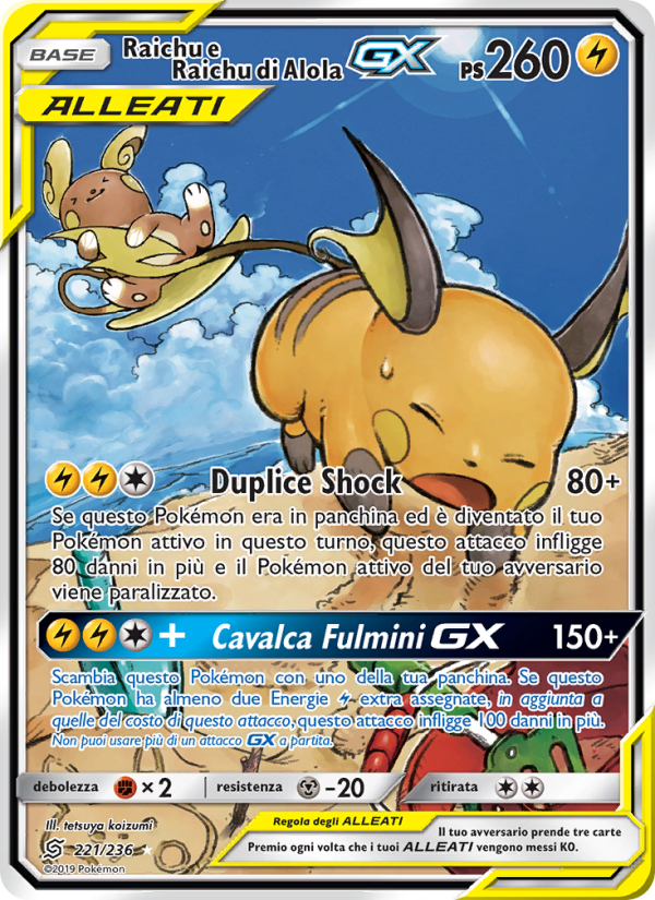 Raichu e Raichu di Alola GX 221/258 — Sintonia Mentale (Italian Pokémon TCG card)