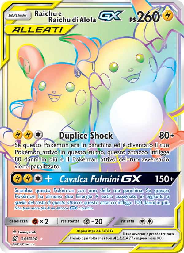 Raichu e Raichu di Alola GX 241/258 — Sintonia Mentale (Italian Pokémon TCG card)
