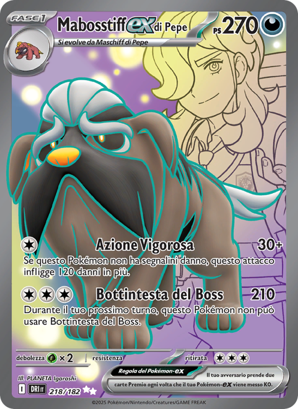 Mabosstiff-ex di Pepe 218/244 — Rivali Predestinati (Italian Pokémon TCG card)
