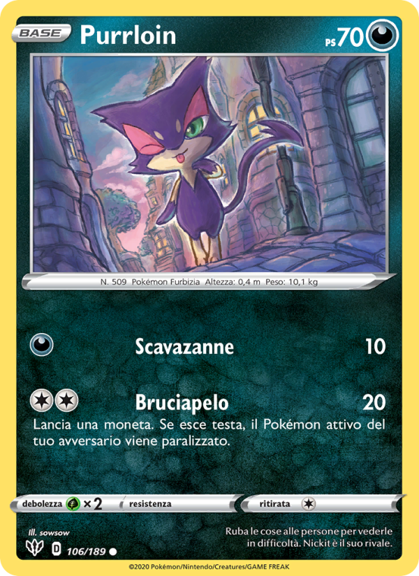 Purrloin 106/201 — Fiamme Oscure (Italian Pokémon TCG card)