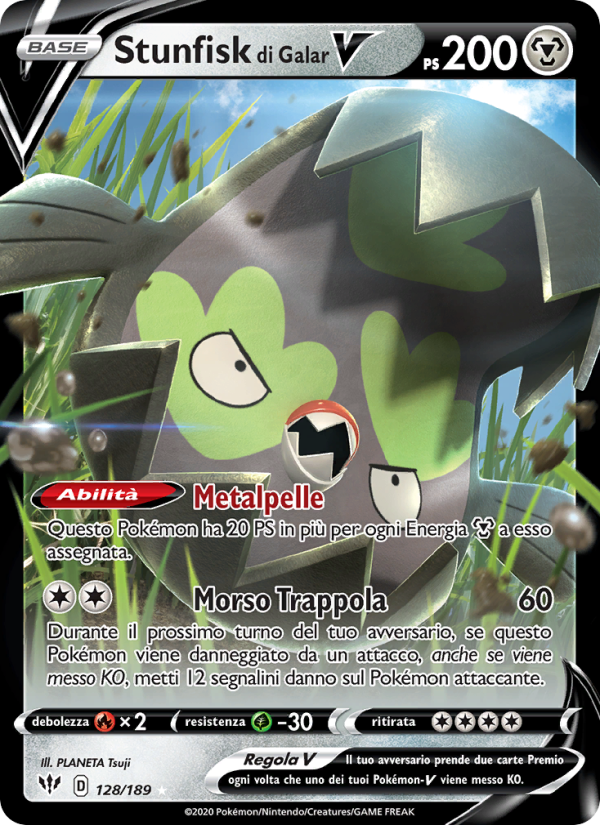 Stunfisk di Galar V 128/201 — Fiamme Oscure (Italian Pokémon TCG card)