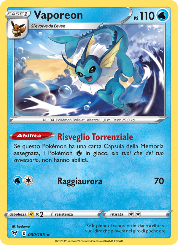 Vaporeon 030/203 — Voltaggio Sfolgorante (Italian Pokémon TCG card)