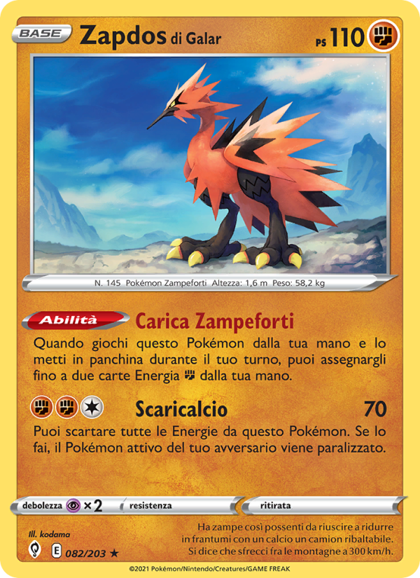 Zapdos di Galar 082/237 — Evoluzioni Eteree (Italian Pokémon TCG card)