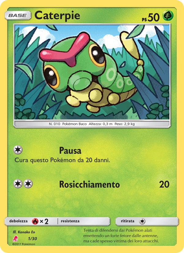 Caterpie 001/30 — Sole e Luna trainer Kit (Lycanroc) (Italian Pokémon TCG card)