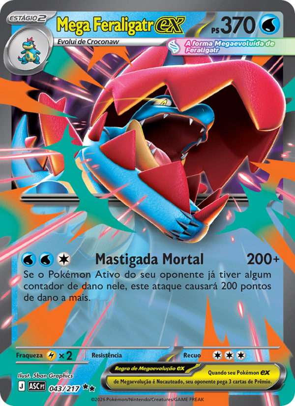 Mega Feraligatr ex 043 — Heróis Excelsos (Portuguese Pokémon TCG card)