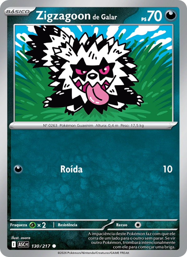Zigzagoon de Galar 130 — Heróis Excelsos (Portuguese Pokémon TCG card)