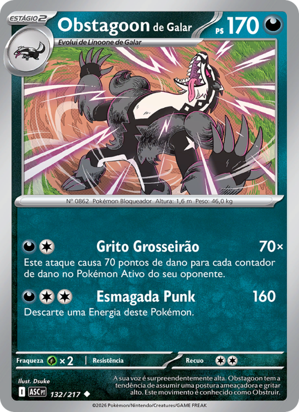 Obstagoon de Galar 132 — Heróis Excelsos (Portuguese Pokémon TCG card)