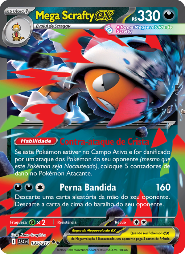 Mega Scrafty ex 135 — Heróis Excelsos (Portuguese Pokémon TCG card)