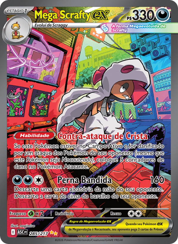 Mega Scrafty ex 285 — Heróis Excelsos (Portuguese Pokémon TCG card)