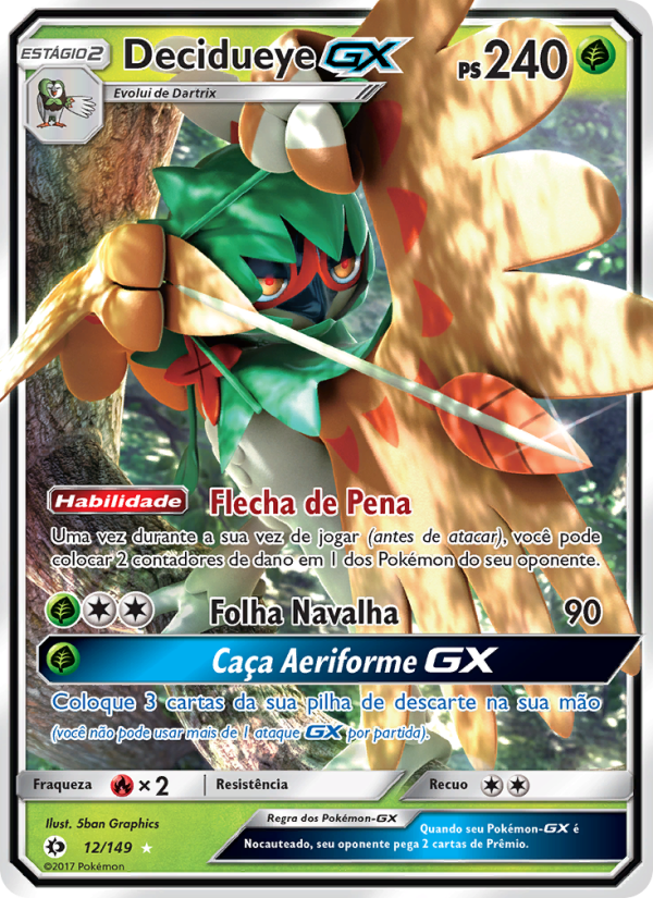 Decidueye GX 12 — Sol e Lua (Portuguese Pokémon TCG card)