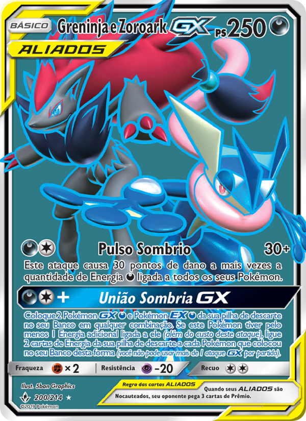 Greninja e Zoroark GX 200 — Unbroken Bonds (Portuguese Pokémon TCG card)