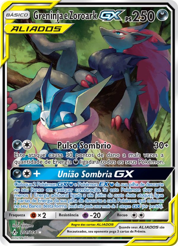 Greninja e Zoroark GX 201 — Elos Inquebráveis (Portuguese Pokémon TCG card)