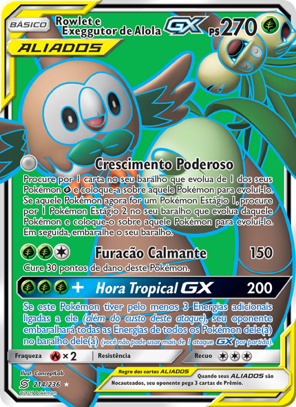 Rowlet e Exeggutor de Alola GX 214 — Sintonia Mental (Portuguese Pokémon TCG card)