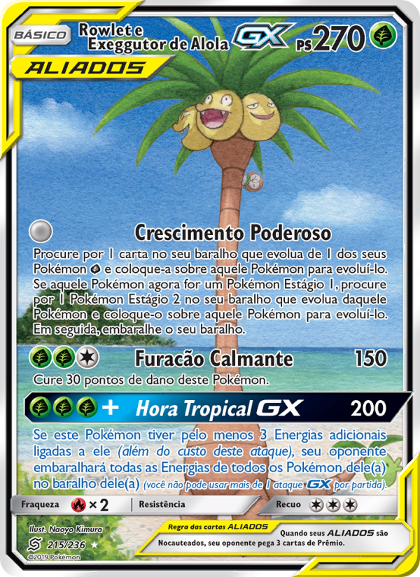 Rowlet e Exeggutor de Alola GX 215 — Sintonia Mental (Portuguese Pokémon TCG card)