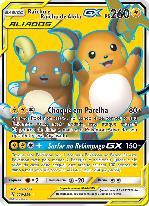 Raichu e Raichu de Alola GX 220 — Sintonia Mental (Portuguese Pokémon TCG card)