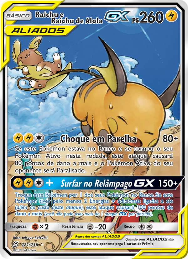 Raichu e Raichu de Alola GX 221 — Sintonia Mental (Portuguese Pokémon TCG card)