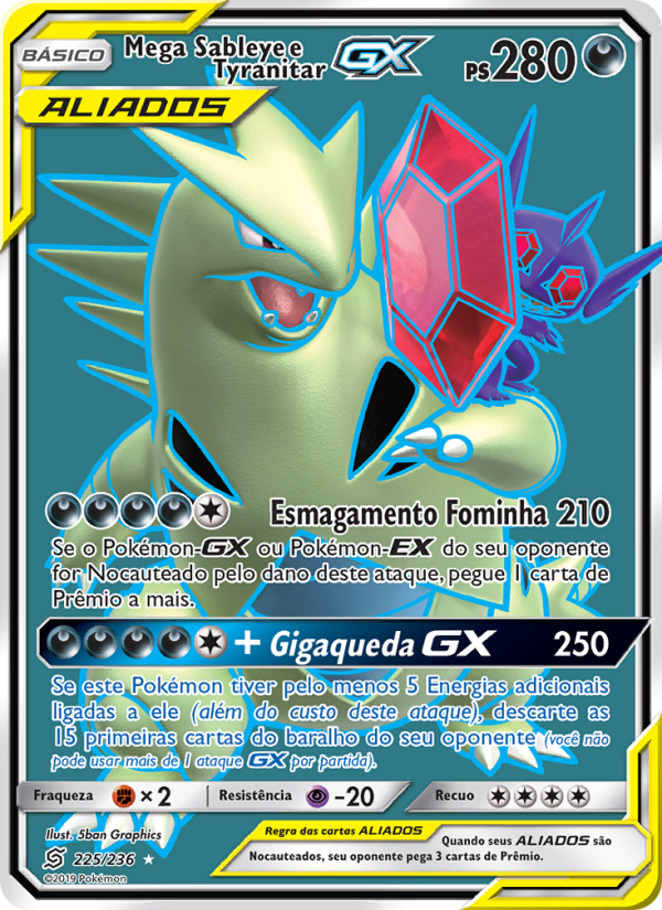 Mega Sableye e Tyranitar GX 225 — Unified Minds (Portuguese Pokémon TCG card)