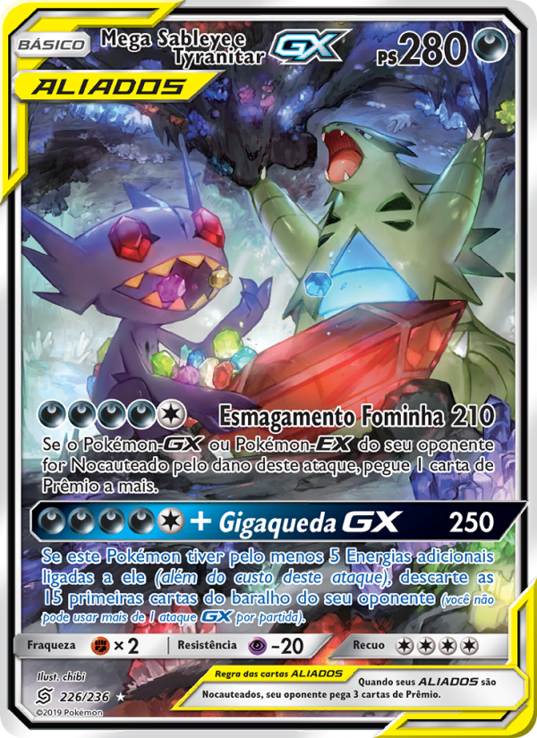 Mega Sableye e Tyranitar GX 226 — Sintonia Mental (Portuguese Pokémon TCG card)