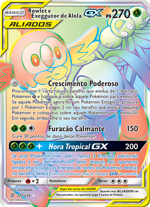 Rowlet e Exeggutor de Alola GX 237 — Sintonia Mental  (Portuguese Pokémon TCG card)