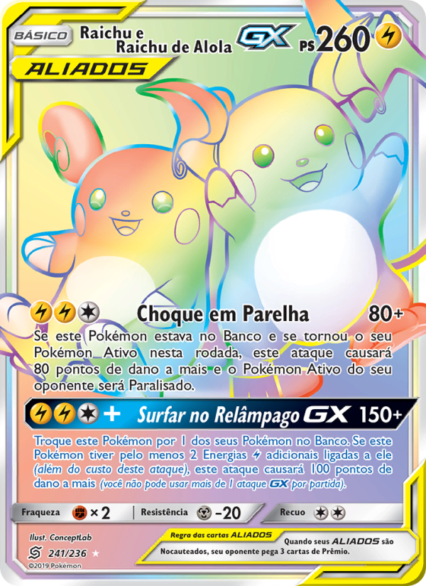 Raichu e Raichu de Alola GX 241 — Sintonia Mental (Portuguese Pokémon TCG card)