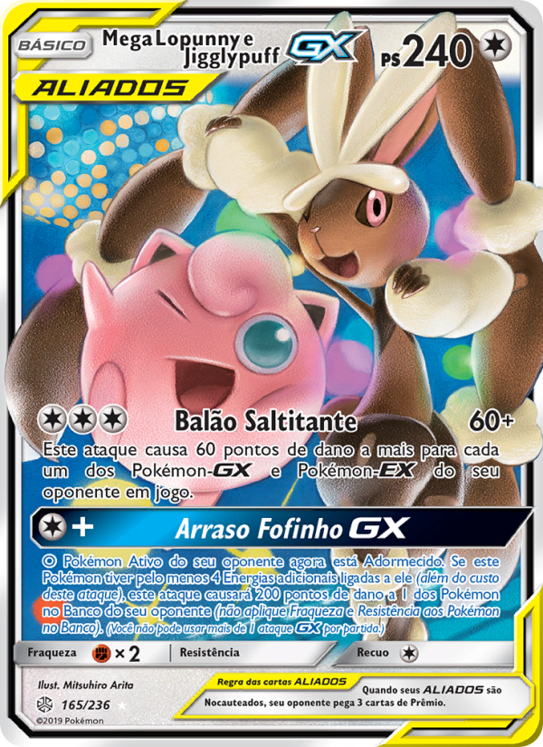 Mega Lopunny e Jigglypuff GX 165 — Cosmic Eclipse (Portuguese Pokémon TCG card)