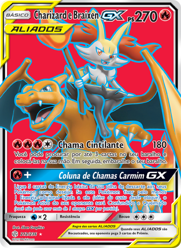 Charizard e Braixen GX 212 — Eclipse Cósmico (Portuguese Pokémon TCG card)
