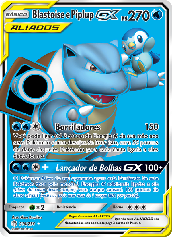 Blastoise e Piplup GX 214 — Eclipse Cósmico (Portuguese Pokémon TCG card)