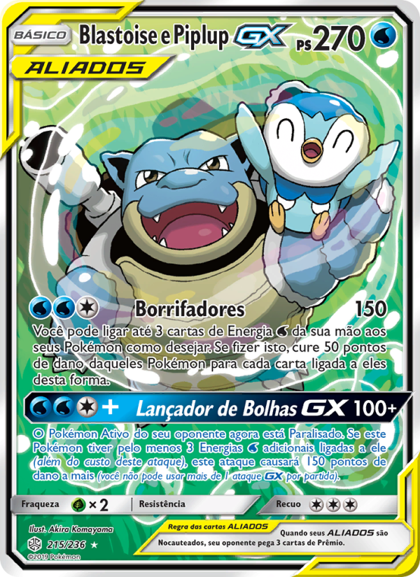 Blastoise e Piplup GX 215 — Eclipse Cósmico (Portuguese Pokémon TCG card)