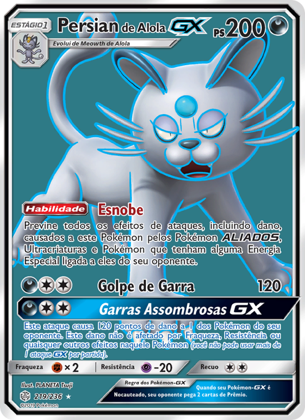 Persian de Alola GX 219 — Eclipse Cósmico (Portuguese Pokémon TCG card)