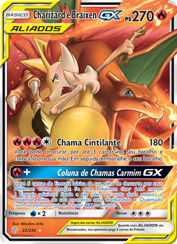 Charizard e Braixen GX 22 — Eclipse Cósmico (Portuguese Pokémon TCG card)