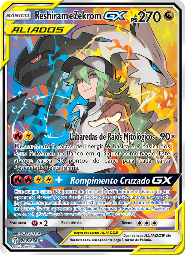 Reshiram e Zekrom GX 222 — Eclipse Cósmico (Portuguese Pokémon TCG card)
