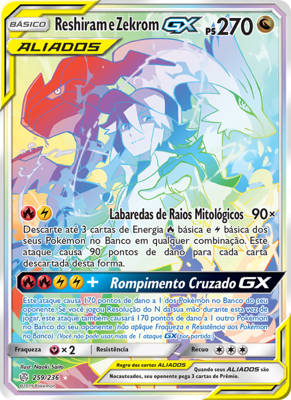 Reshiram e Zekrom GX 259 — Eclipse Cósmico (Portuguese Pokémon TCG card)