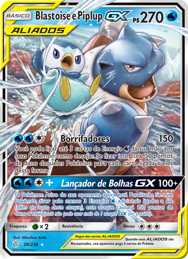 Blastoise e Piplup GX 38 — Eclipse Cósmico (Portuguese Pokémon TCG card)