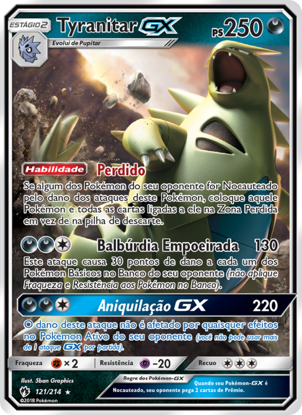Tyranitar GX 121 — Trovões Perdidos (Portuguese Pokémon TCG card)