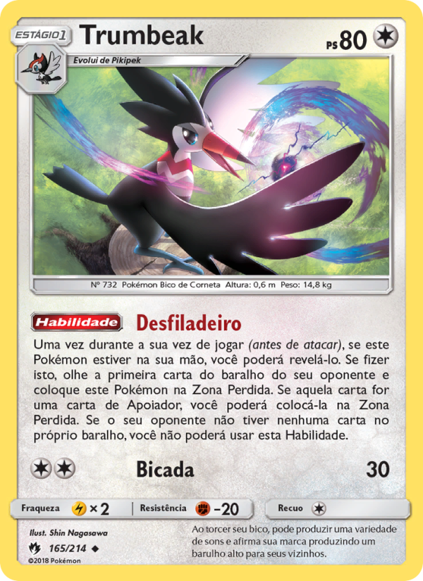 Trumbeak 165 — Trovões Perdidos (Portuguese Pokémon TCG card)