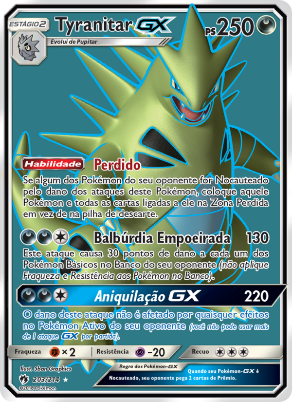 Tyranitar GX 203 — Trovões Perdidos (Portuguese Pokémon TCG card)