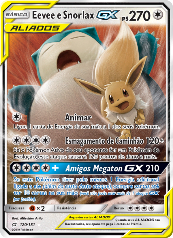 Eevee e Snorlax GX 120 — União de Aliados (Portuguese Pokémon TCG card)
