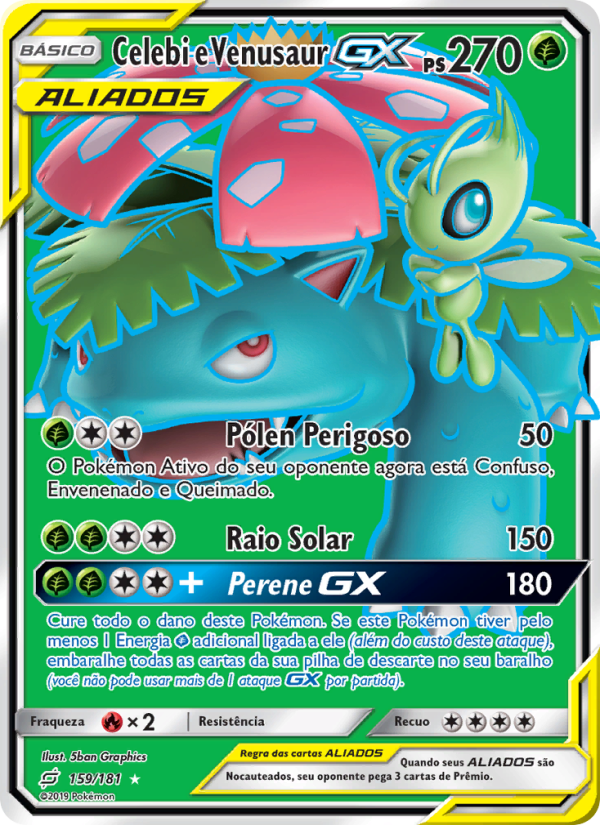 Celebi e Venusaur GX 159 — União de Aliados (Portuguese Pokémon TCG card)