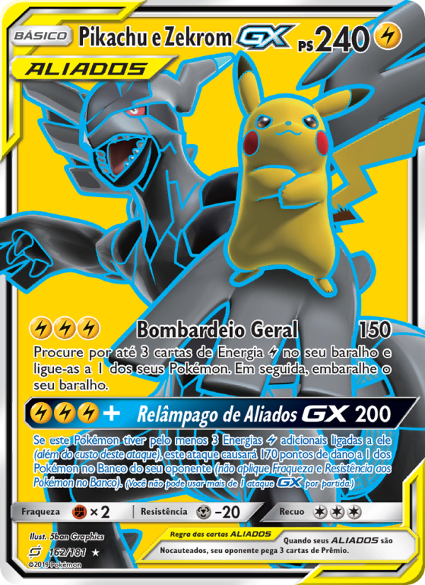 Pikachu e Zekrom GX 162 — União de Aliados (Portuguese Pokémon TCG card)