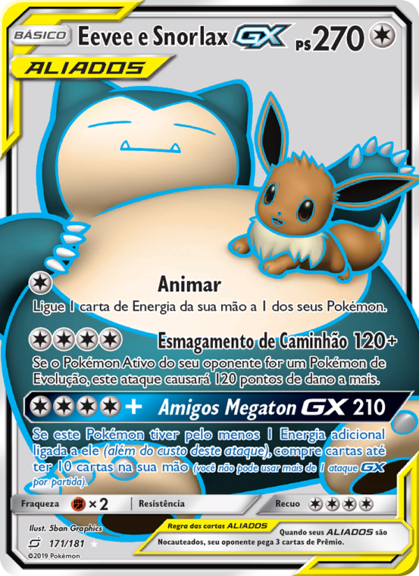 Eevee e Snorlax GX 171 — União de Aliados (Portuguese Pokémon TCG card)