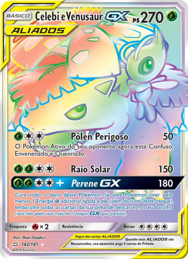 Celebi e Venusaur GX 182 — União de Aliados (Portuguese Pokémon TCG card)